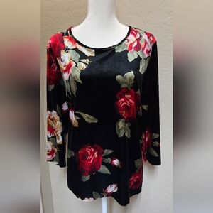 Black and Multi Red Floral Velveteen Top | Size L
